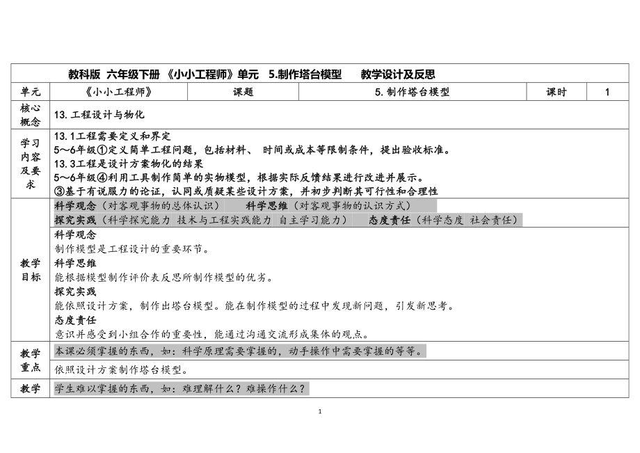 1.5.《制作塔台模型》（表格式）教案（含课堂练习和反思）-2023新教科版六年级下册《科学》.docx_第1页