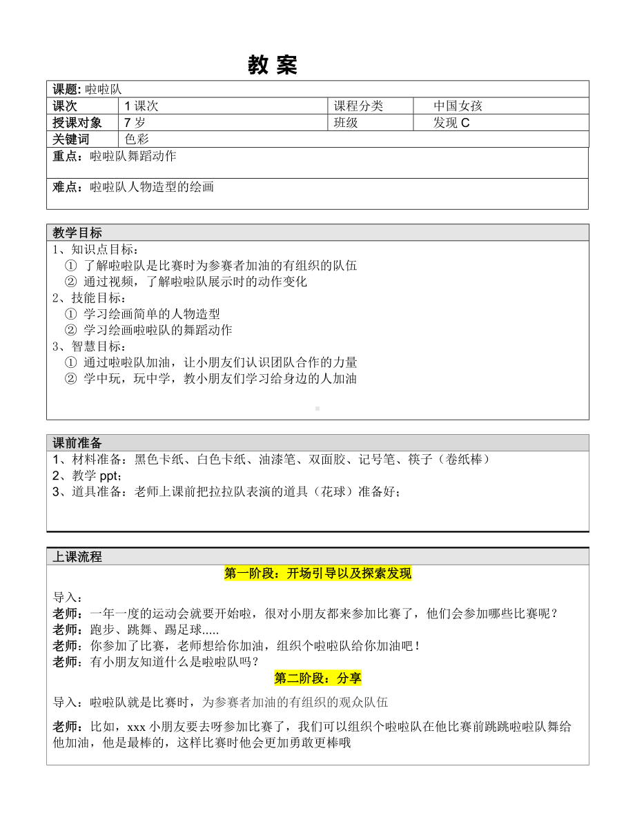 一年级下册美术课外C班教案-啦啦队—教案-全国通用.doc_第1页