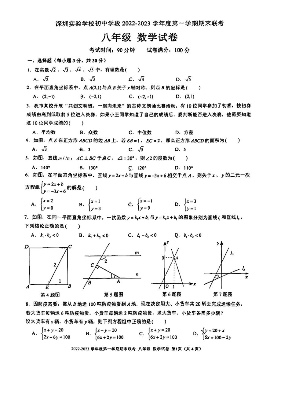 广东省深圳实验学校初中学段2022-2023学年八年级上学期期末考试数学试卷.pdf_第1页