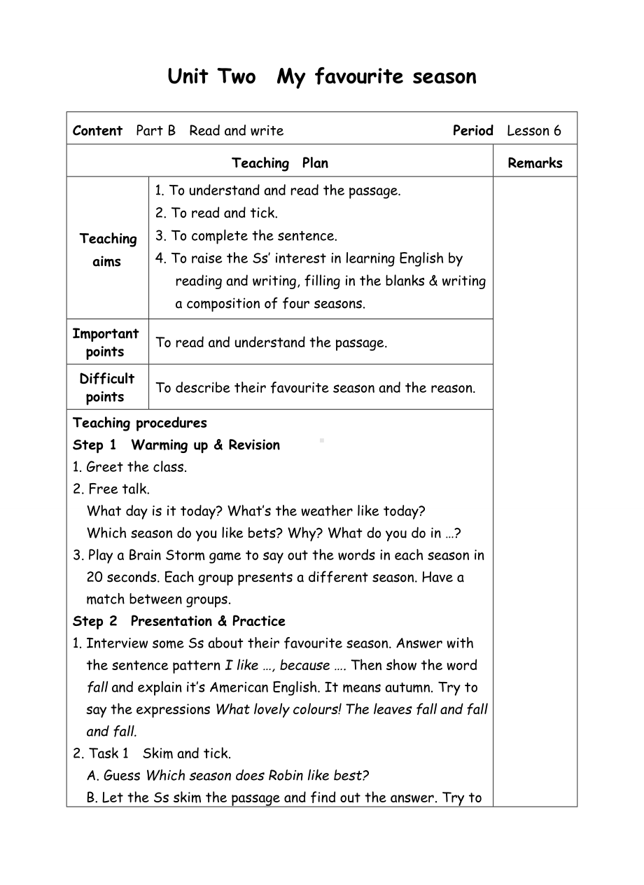 五年级下册英语教案-Unit2 My favourite season-6 Read and write-人教(PEP)( ).doc_第1页