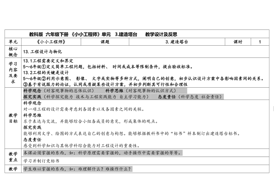 1.3 建造塔台（表格式）教案（含课堂练习和反思）-2023新教科版六年级下册《科学》.docx_第1页