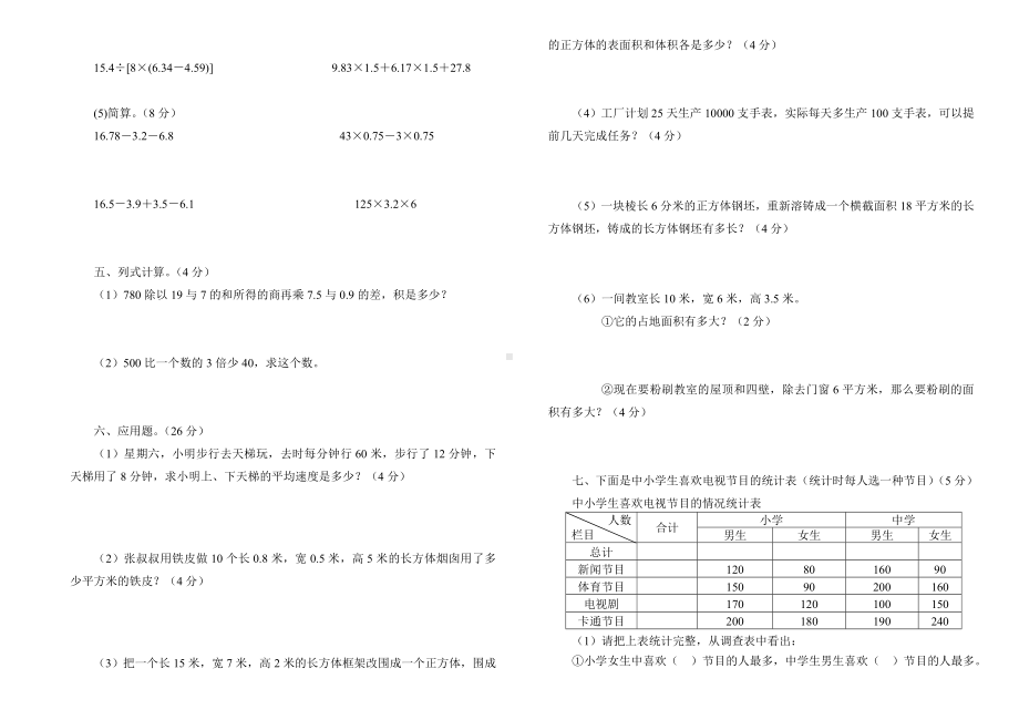 五年级下册数学试题-月考测试卷-人教新课标 （无答案）.doc_第2页