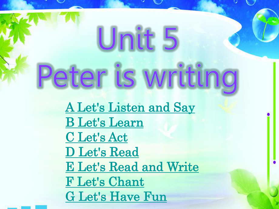 湘少版四年级英语下册教学课件湘少版四年级英语下册教学课件Unit 5 Peter is writing.ppt_第1页