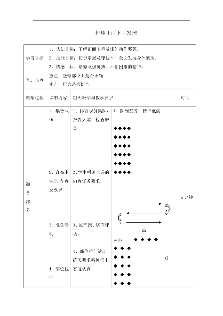 六年级体育教案-排球正面下手发球全国通用.doc_第1页