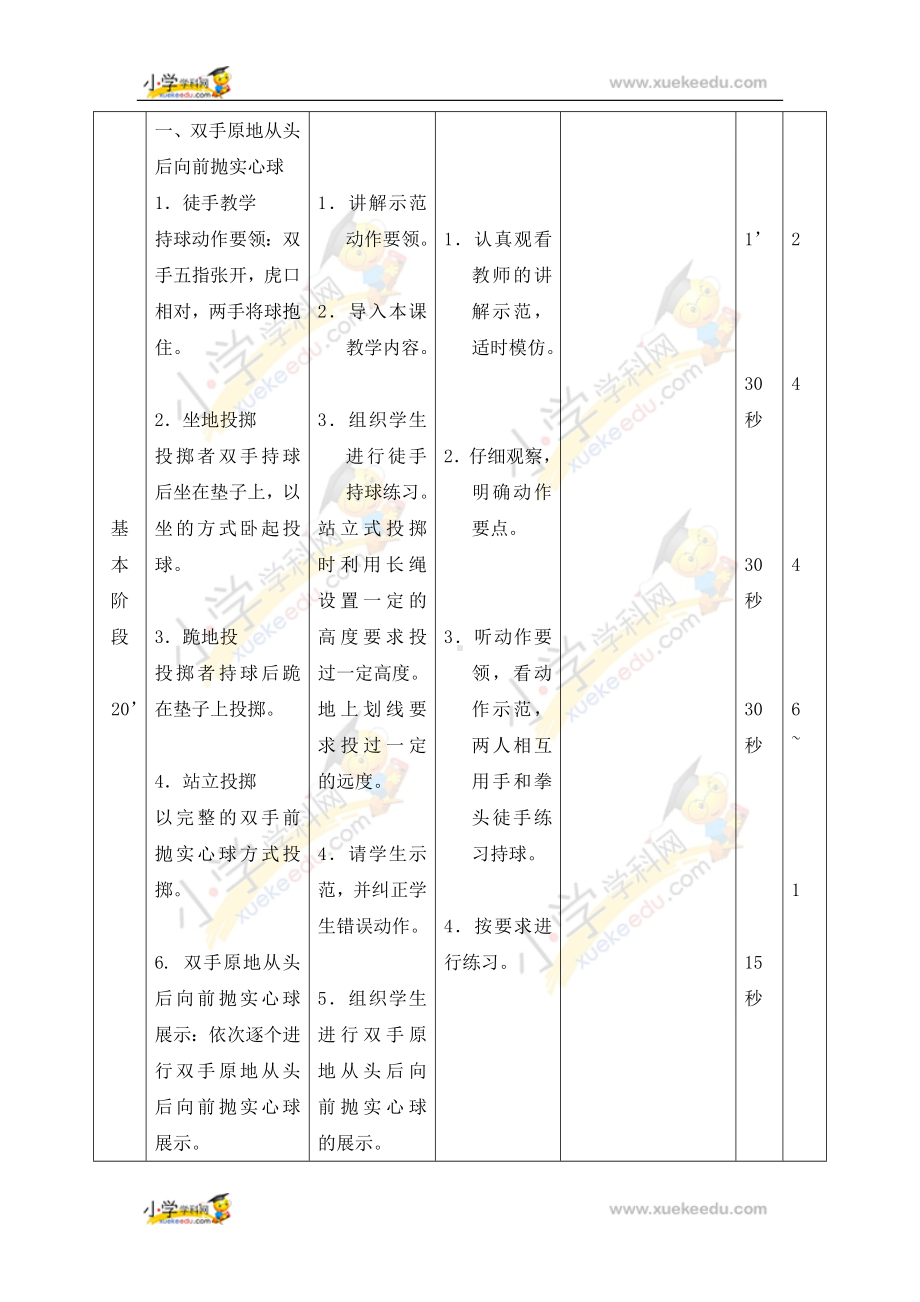 六年级体育教案- 双手原地从头后向前抛实心球 浙教课标版.doc_第3页