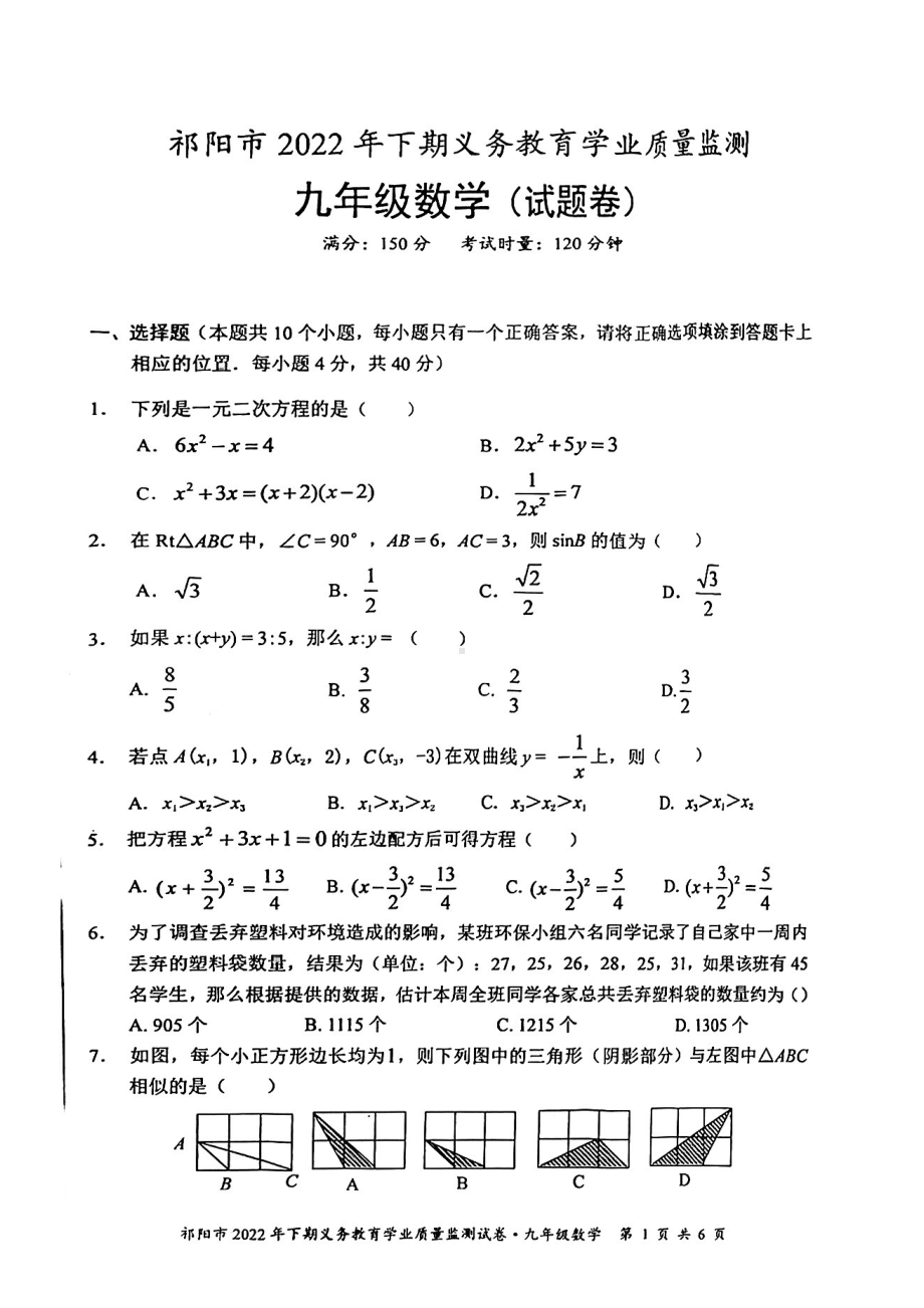 湖南省永州市祁阳市2022-2023学年九年级上学期期末数学试卷.pdf_第1页