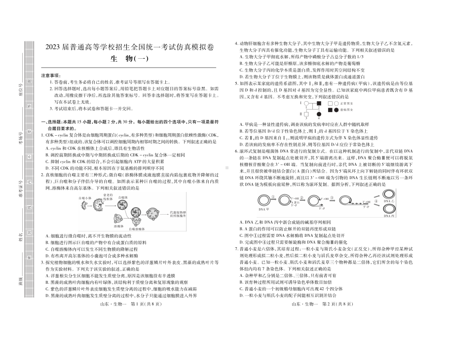 2023届普通高等学校招生全国统一考试仿真模拟（一）生物试卷及答案.pdf_第1页