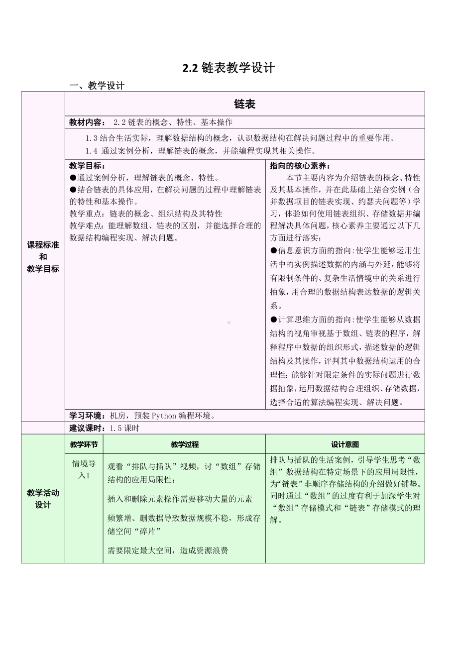 2.2.1 链表的概念、特性、基本操作 教学设计-数据 与数据结构-新浙教版（2019）《高中信息技术》选择性必修第一册.doc_第1页