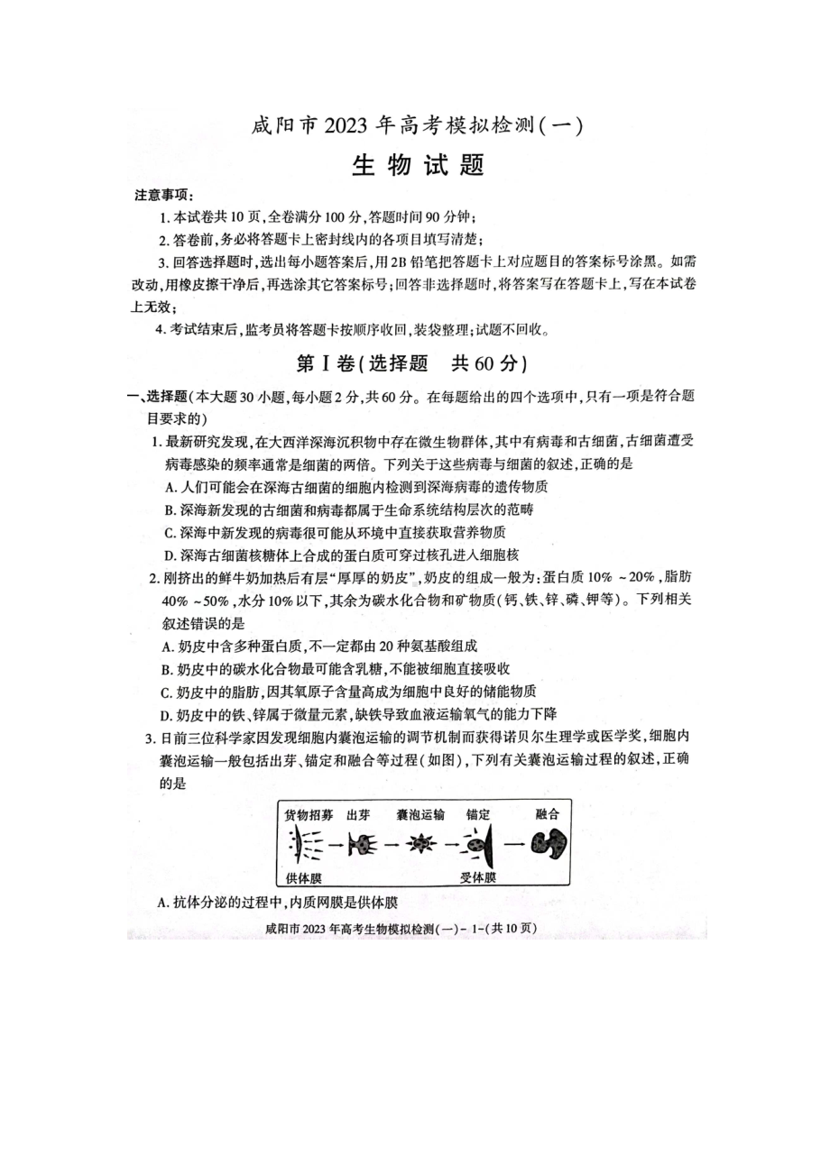 陕西省咸阳市2023届高三生物一模试卷及答案.pdf_第1页