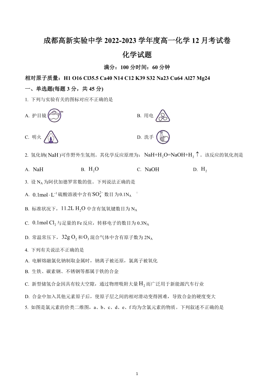 四川省成都高新实验 2022-2023学年高一上学期12月考化学试题.docx_第1页