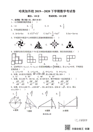 黑龙江省哈尔滨市松北区美加外国语学校初中部2019-2020学年下学期九年级期中考试数学(五四制)学科试卷.pdf