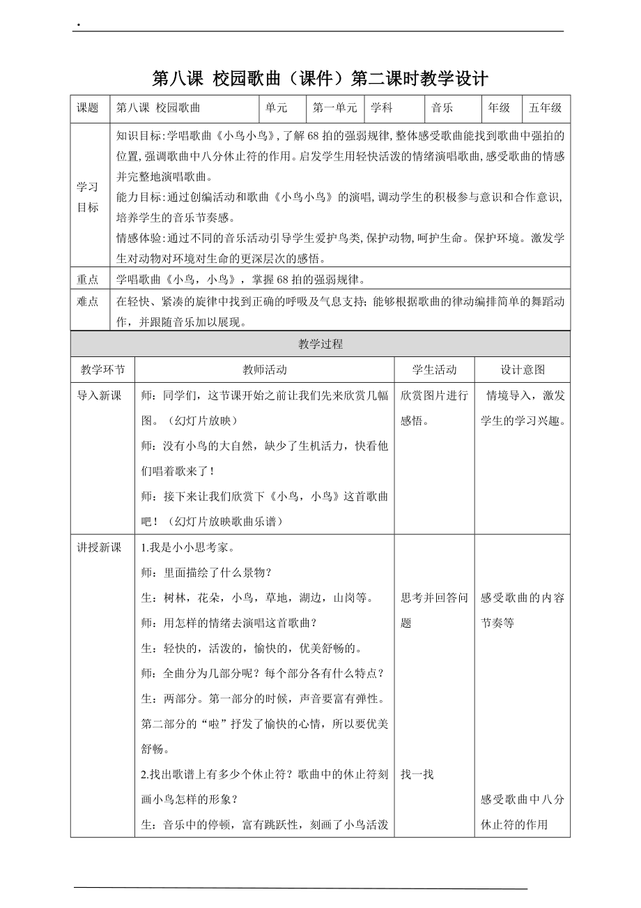 第八课 校园歌曲 小鸟 小鸟 ppt课件+教案-新花城版五年级下册《音乐》.rar