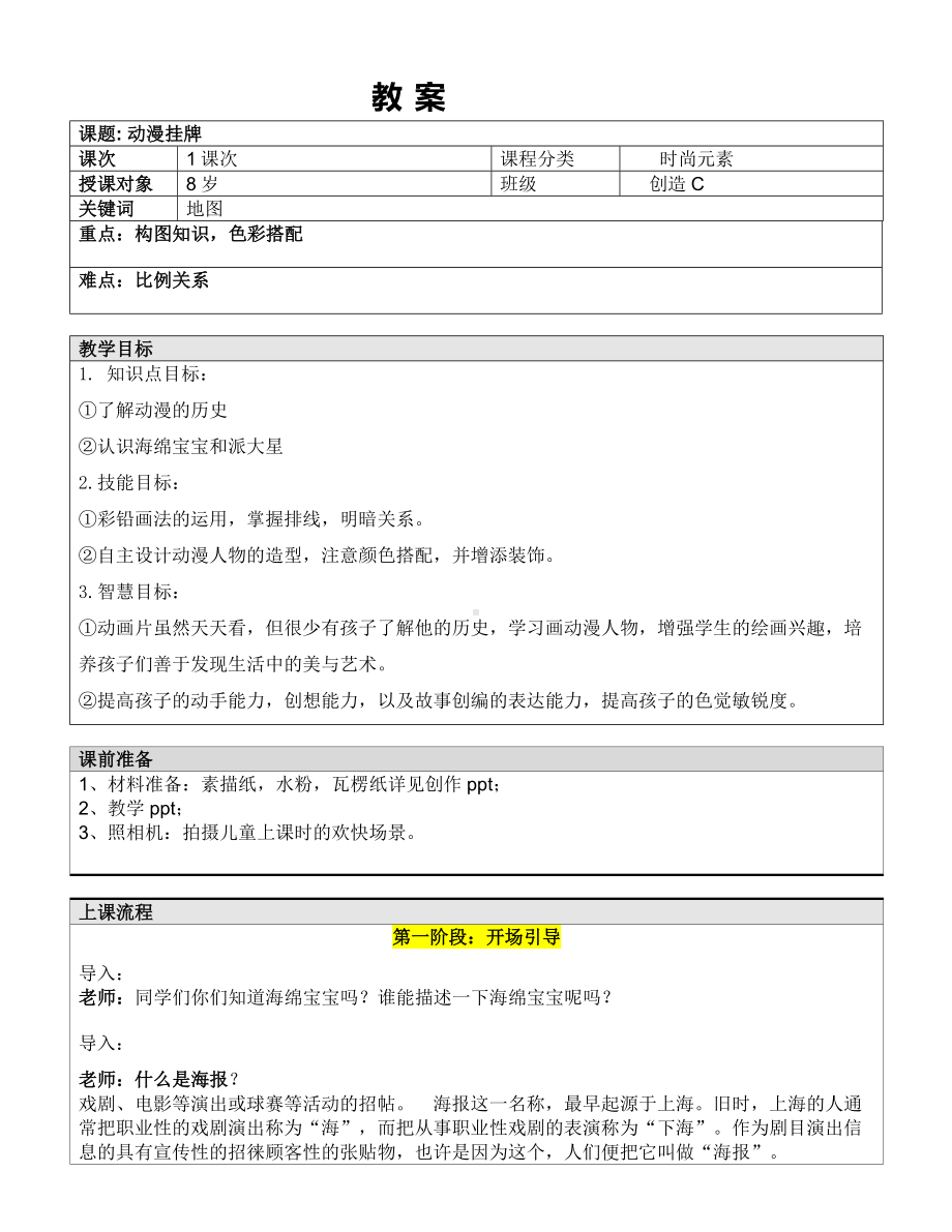 一年级上册美术课外C班教案-动漫挂牌 全国通用.doc_第1页