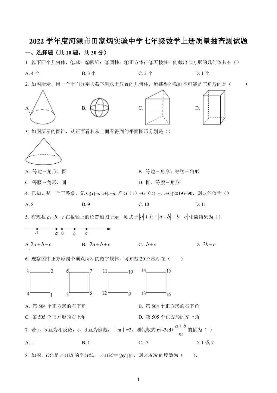 广东省河源市田家炳实验中学2022-2023学年七年级数学上学期质量抽查测试题.docx_第1页