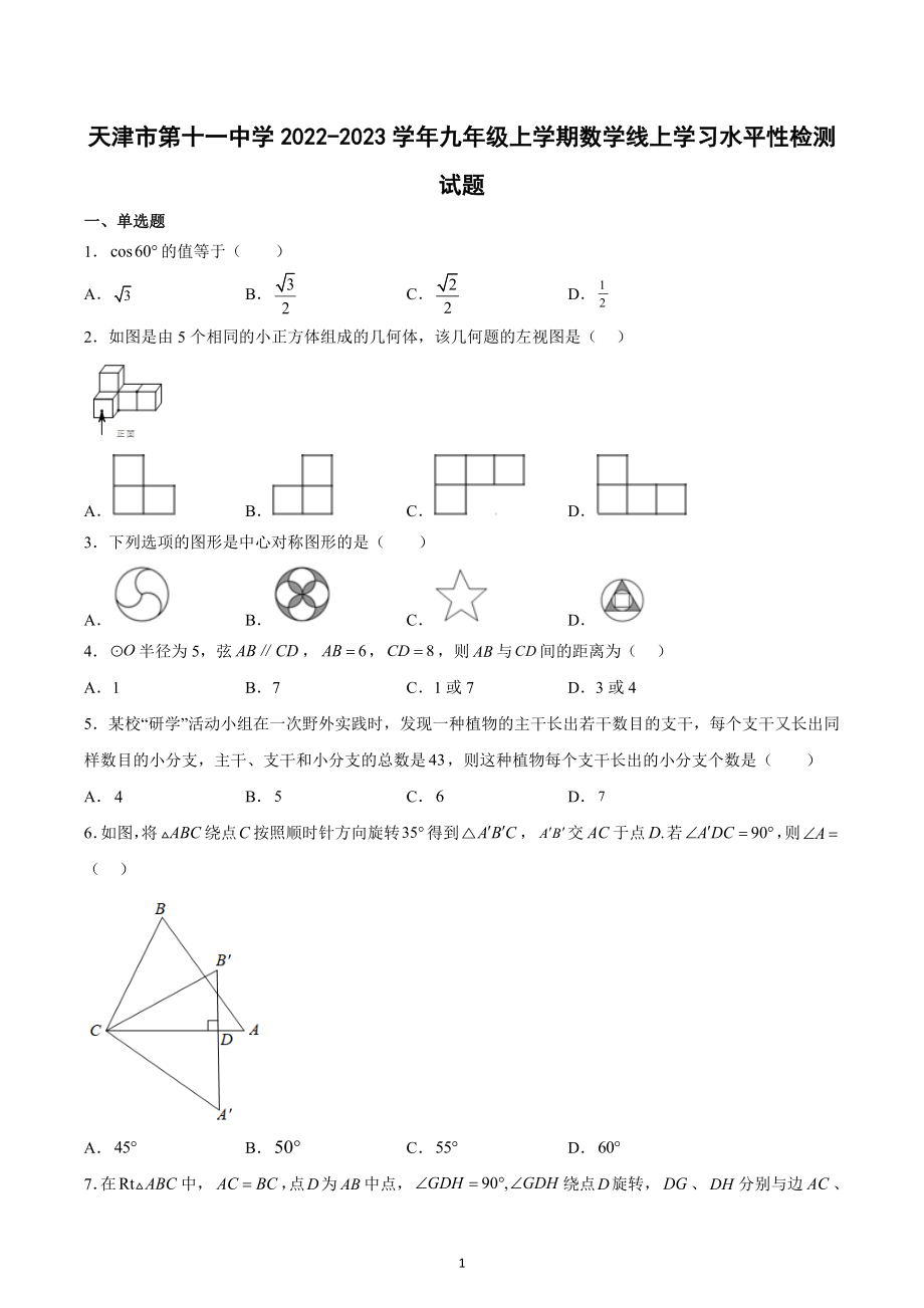 天津市第十一 2022-2023学年九年级上学期数学线上学习水平性检测试题.docx_第1页