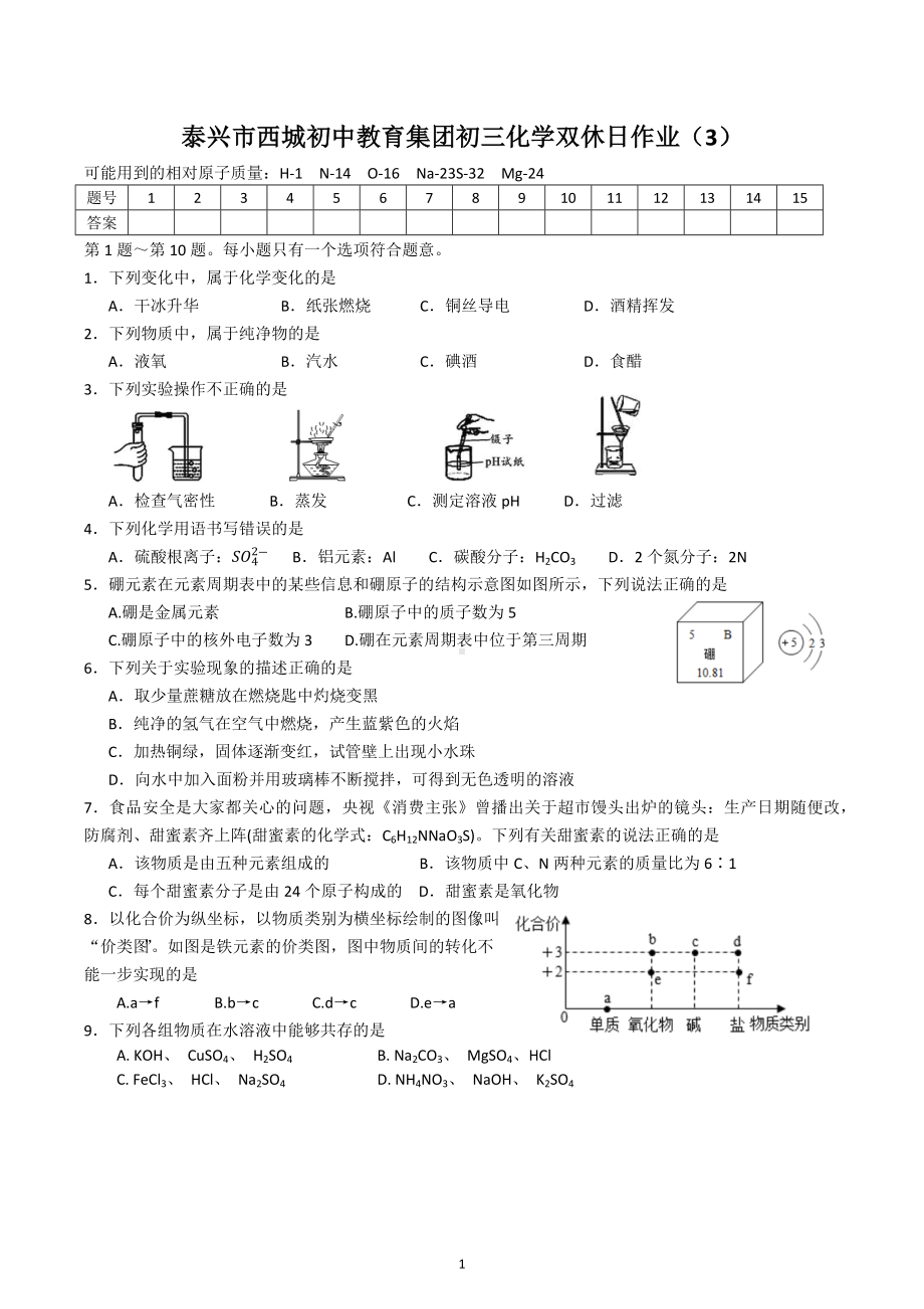 江苏省泰州市西城初级中学2022-2023学年九年级下学期双休日作业化学试题.docx_第1页