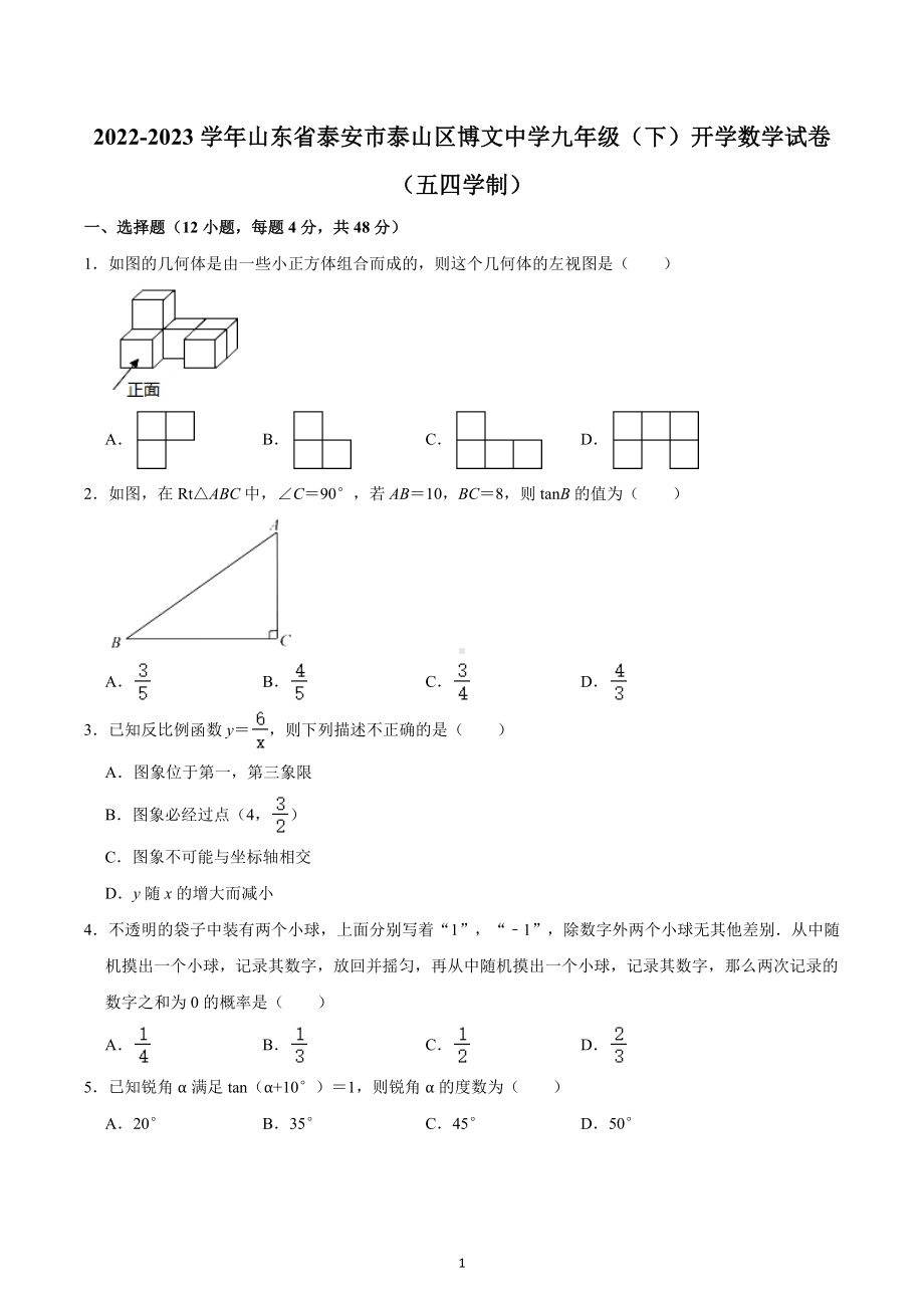 山东省泰安市泰山区博文中学2022-2023学年九年级下学期开学数学试卷（五四学制 ）.docx_第1页