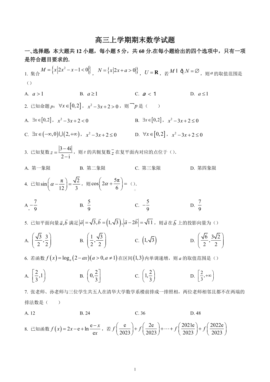 河北省大名县第一中学2023届高三上学期期末数学试题.docx_第1页