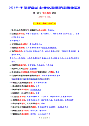 2023年中考道德与法治核心观点速查与易错知识点专项练习.docx