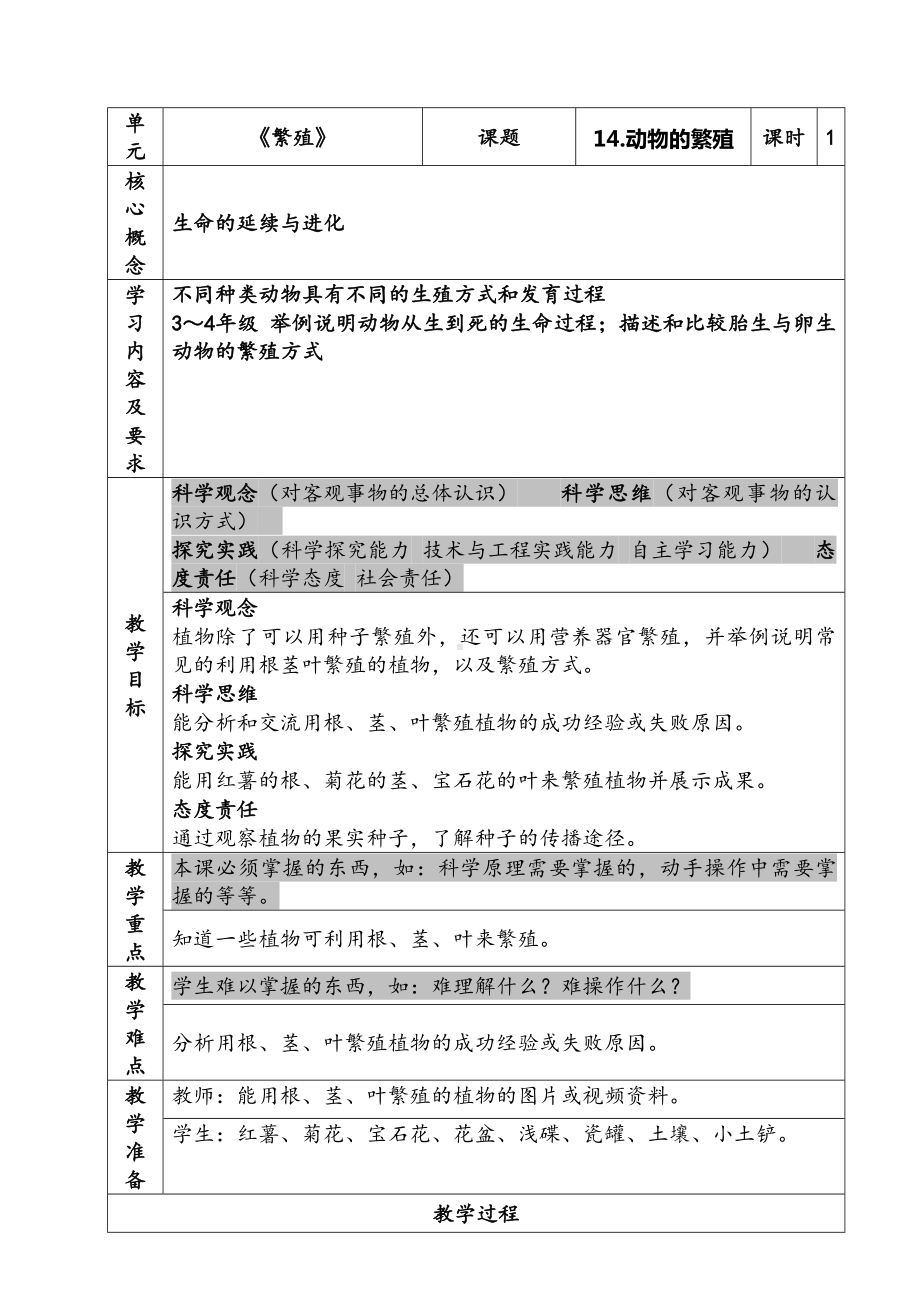 新苏教版四年级下册科学第14课《动物的繁殖》教案.docx_第1页