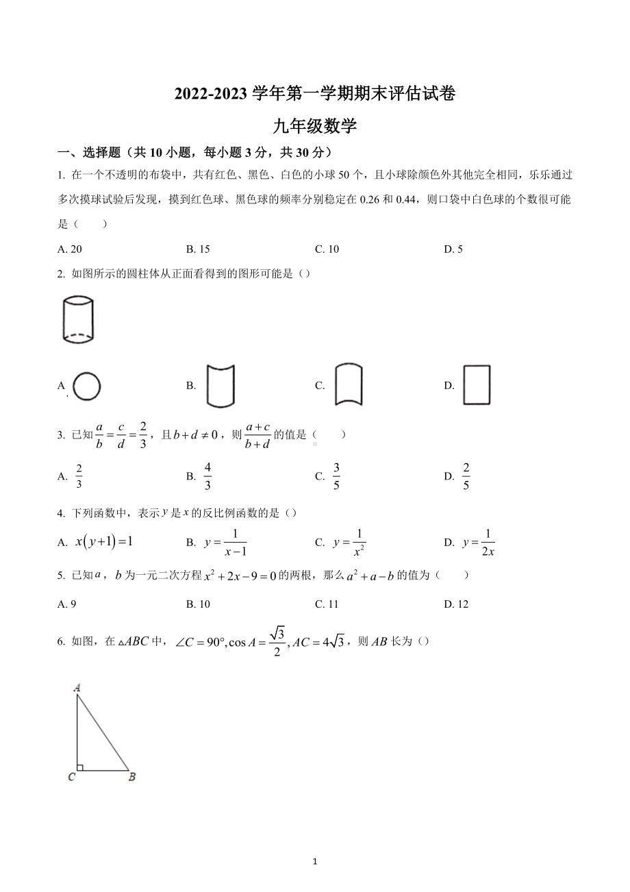 河南省平顶山市宝丰县2022-2023学年九年级上学期期末数学试题.docx_第1页