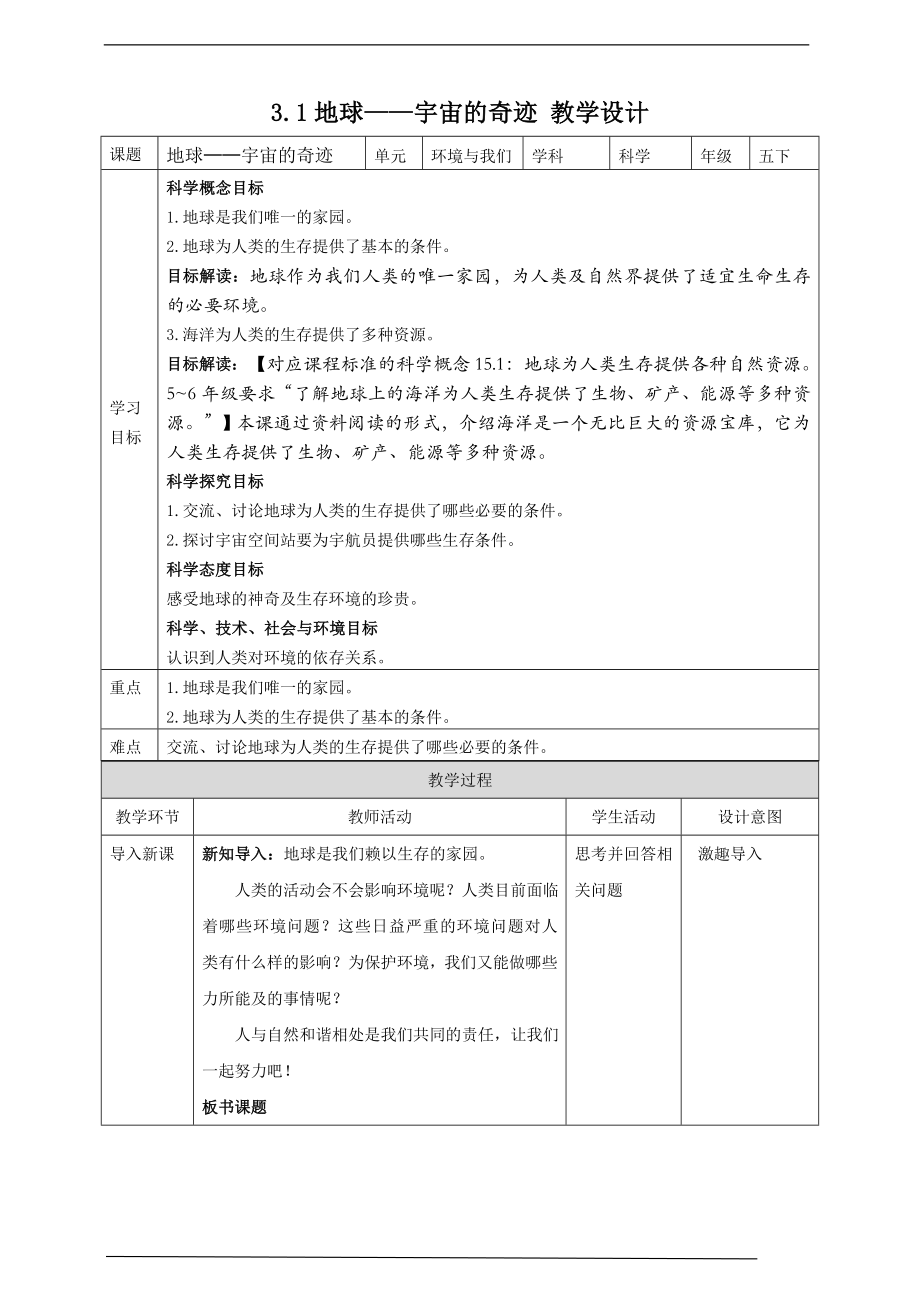 3.1地球-宇宙的奇迹 ppt课件（26张PPT）+教案+试题+素材-2023新教科版（2017秋）五年级下册《科学》.rar