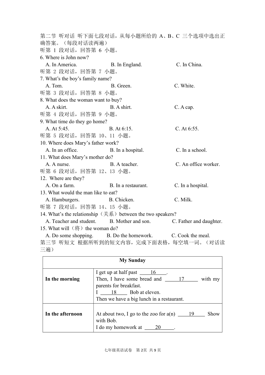 福建省福州市晋安区2022-2023学年七年级上学期期末适应性练习英语试题.pdf_第2页