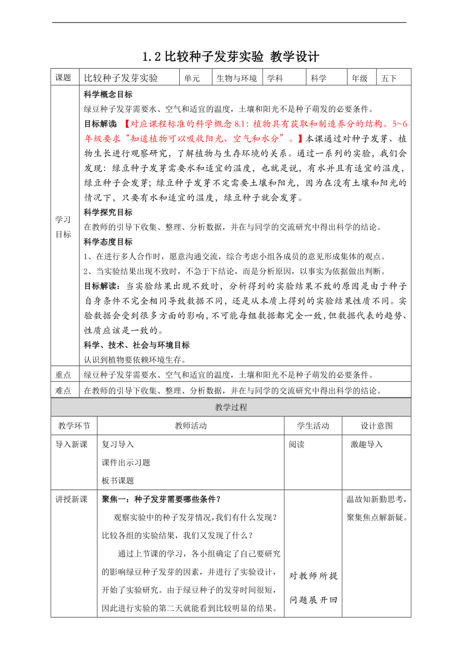 1.2比较种子发芽实验 ppt课件（21张PPT）+教案+试题+素材-2023新教科版（2017秋）五年级下册《科学》.rar