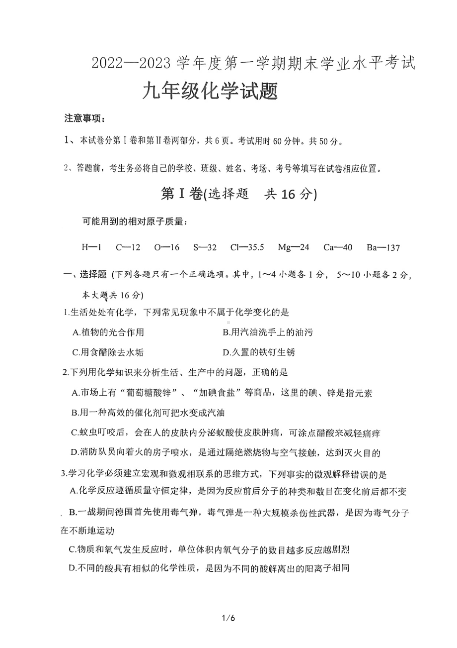 山东省济宁市嘉祥县2022-2023学年上学期期末九年级化学试题.pdf_第1页