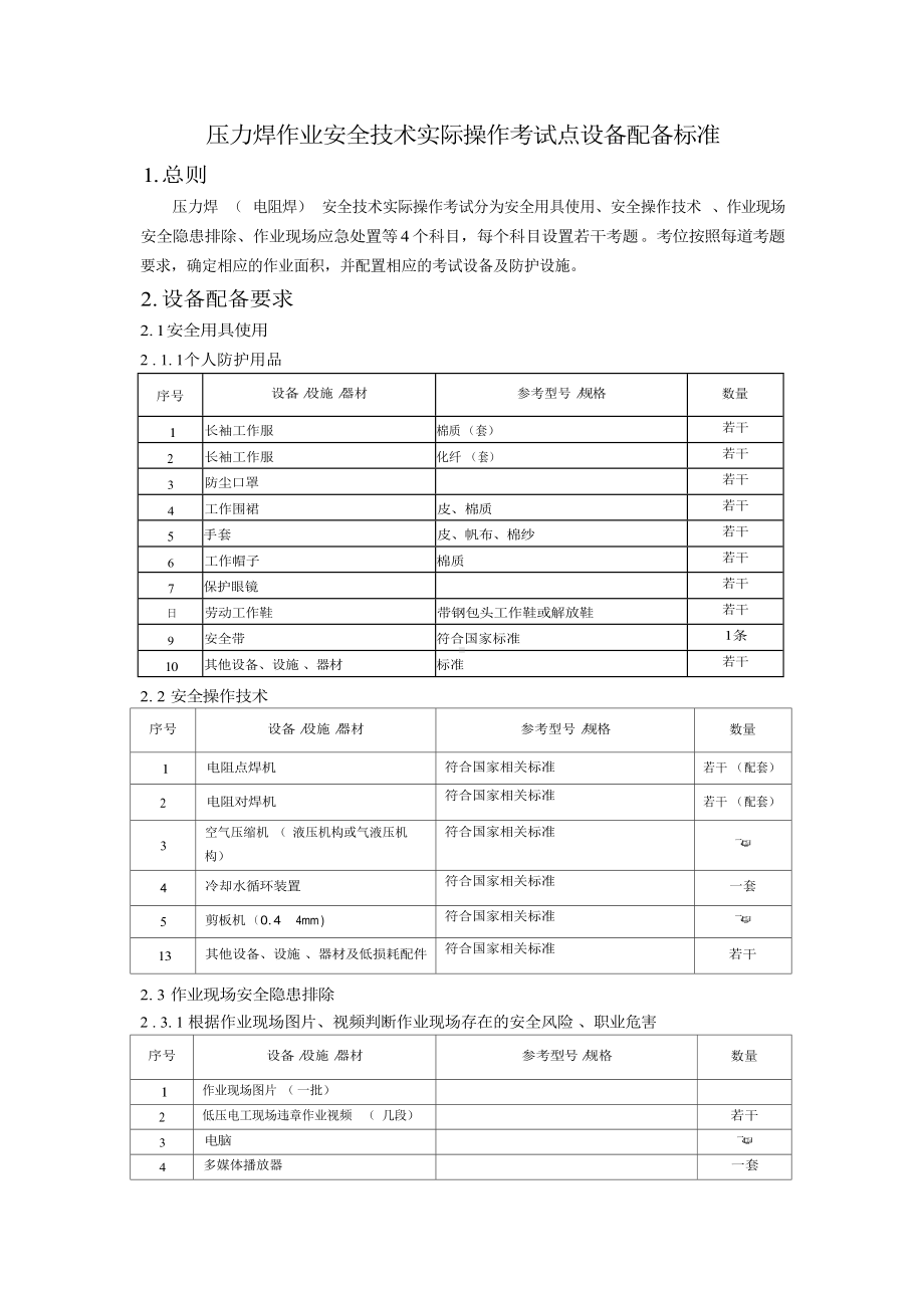 压力焊作业安全技术实际操作考试点设备配备标准.docx_第1页