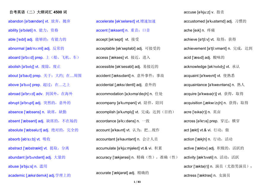 自考英语(二)大纲词汇4500个.docx_第1页