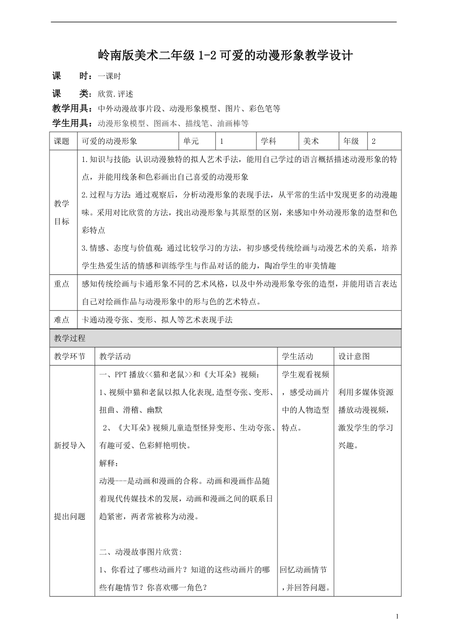 第2课 可爱的动漫形象（ppt课件+教案+素材）-岭南版二年级下册《美术》.rar