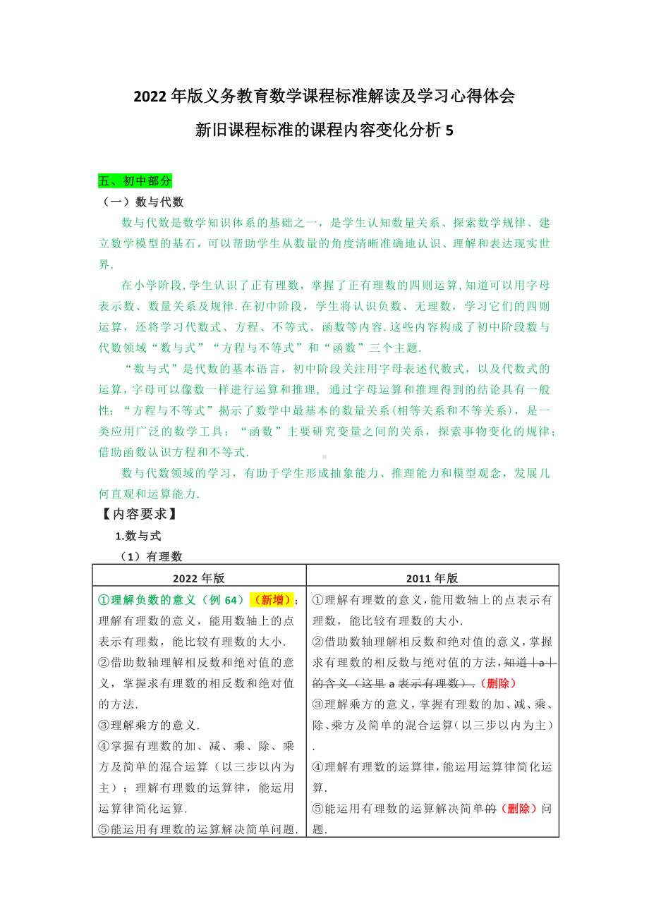 2022年版义务教育数学课程标准解读及学习心得体会：新旧课程标准的课程内容变化分析5.docx_第1页