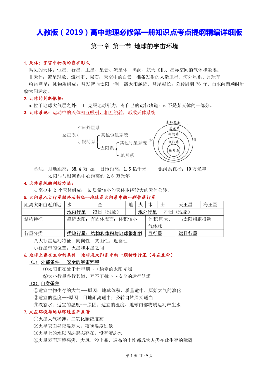 人教版（2019）高中地理必修第一册知识点考点提纲精编详细版（实用必备！）.docx_第1页