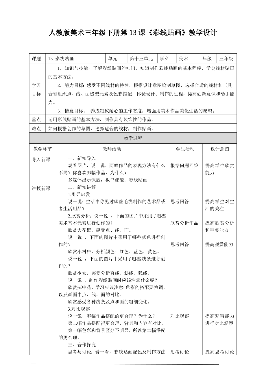 第13课《彩线贴画》ppt课件+教案（共18页PPT）-新人教版三年级下册《美术》.rar