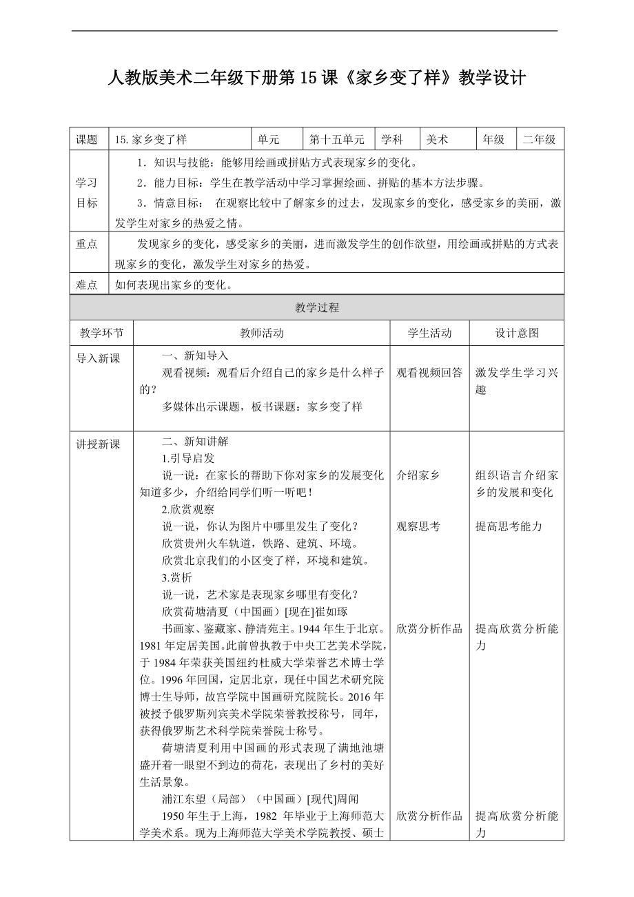 第十五课《家乡变了样》ppt课件（21页PPT）+教案（表格式）+视频1-新人教版二年级下册《美术》.rar