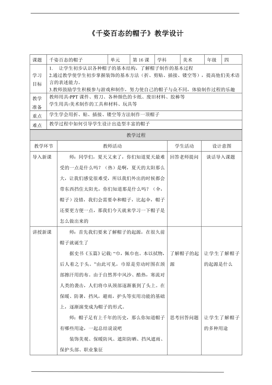 第16课《千姿百态的帽子》ppt课件（18页PPT）+教案-新人教版四年级下册《美术》.rar