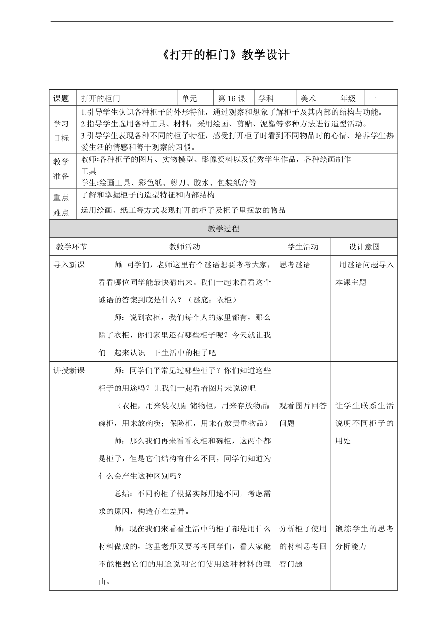 第16课《打开的柜门》ppt课件（17页PPT）+教案-新人教版一年级下册《美术》.rar