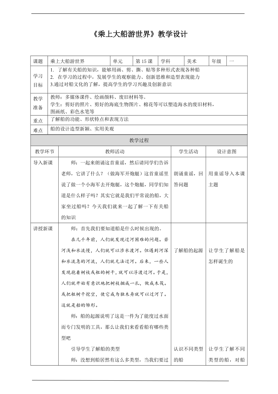 第15课《乘上大船游世界》ppt课件（17页PPT）+教案-新人教版一年级下册《美术》.rar