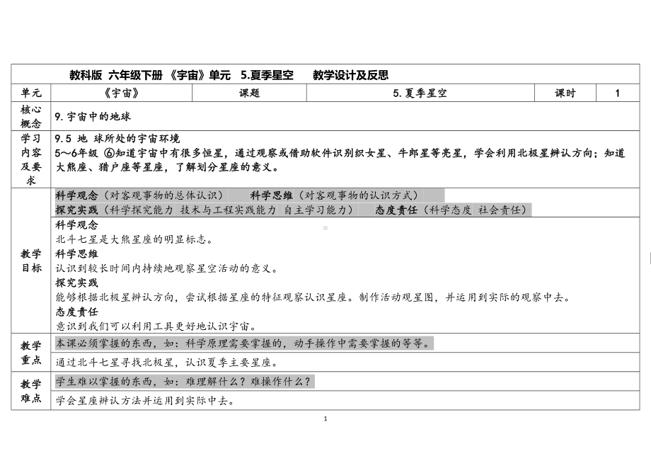 3.5夏季星空（表格式）教案（含课堂练习和反思）-2023新教科版六年级下册《科学》.docx_第1页