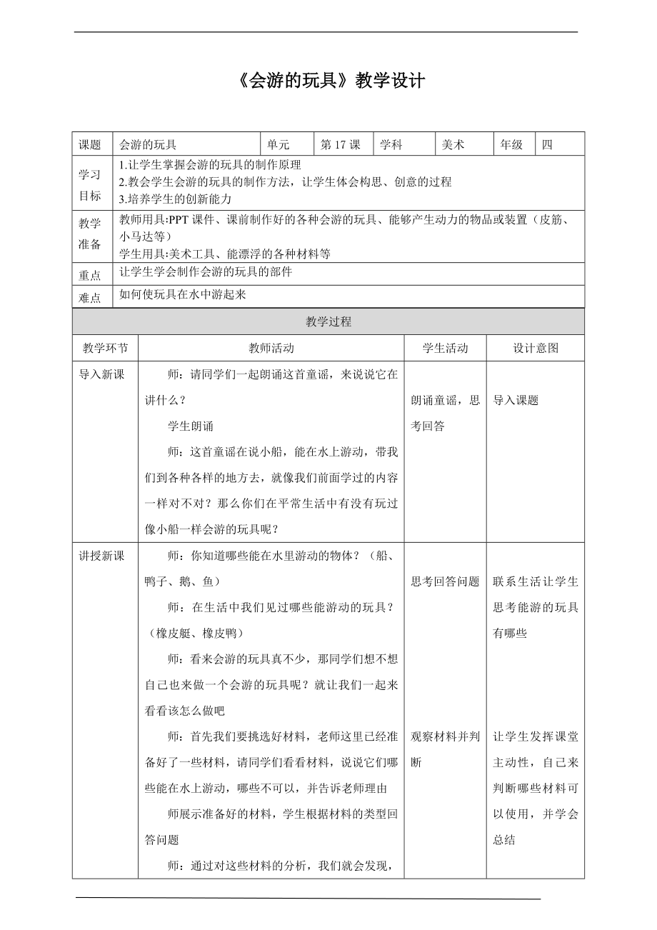 第17课《会游的玩具》ppt课件（17页PPT）+教案+视频1-新人教版四年级下册《美术》.rar