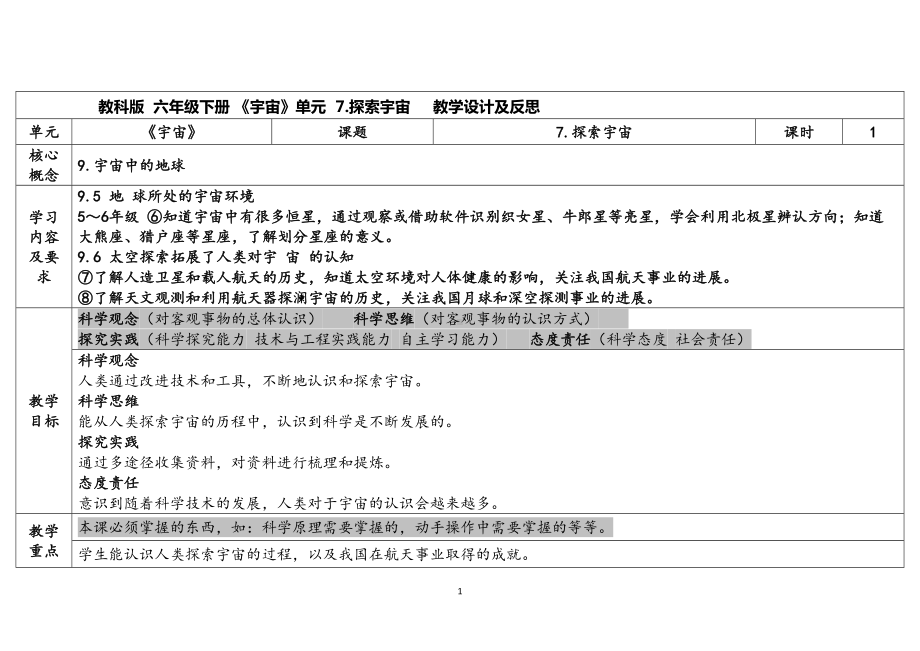 3.7探索宇宙（表格式）教案（含课堂练习和反思）-2023新教科版六年级下册《科学》.docx_第1页