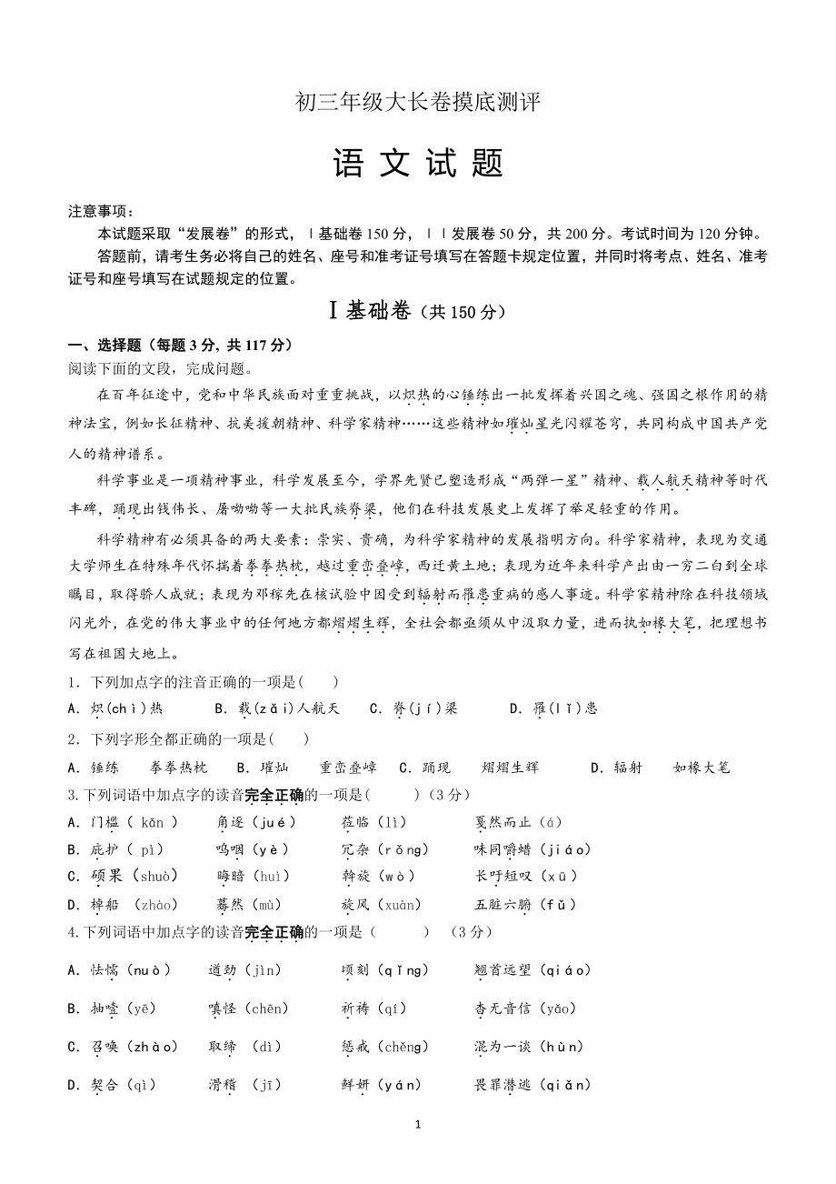 山东省济南市高新区2022-2023学年九年级下学期大长卷寒假学习成果语文测试.pdf_第1页