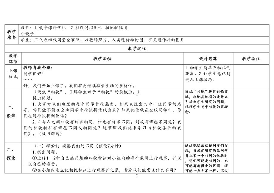 2.5相貌各异的我们（表格式）教案（含课堂练习和反思）-2023新教科版六年级下册《科学》.docx_第2页