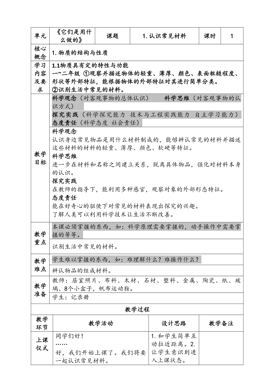 新苏教版二年级科学下册第1单元《认识常见材料》教案.docx_第1页