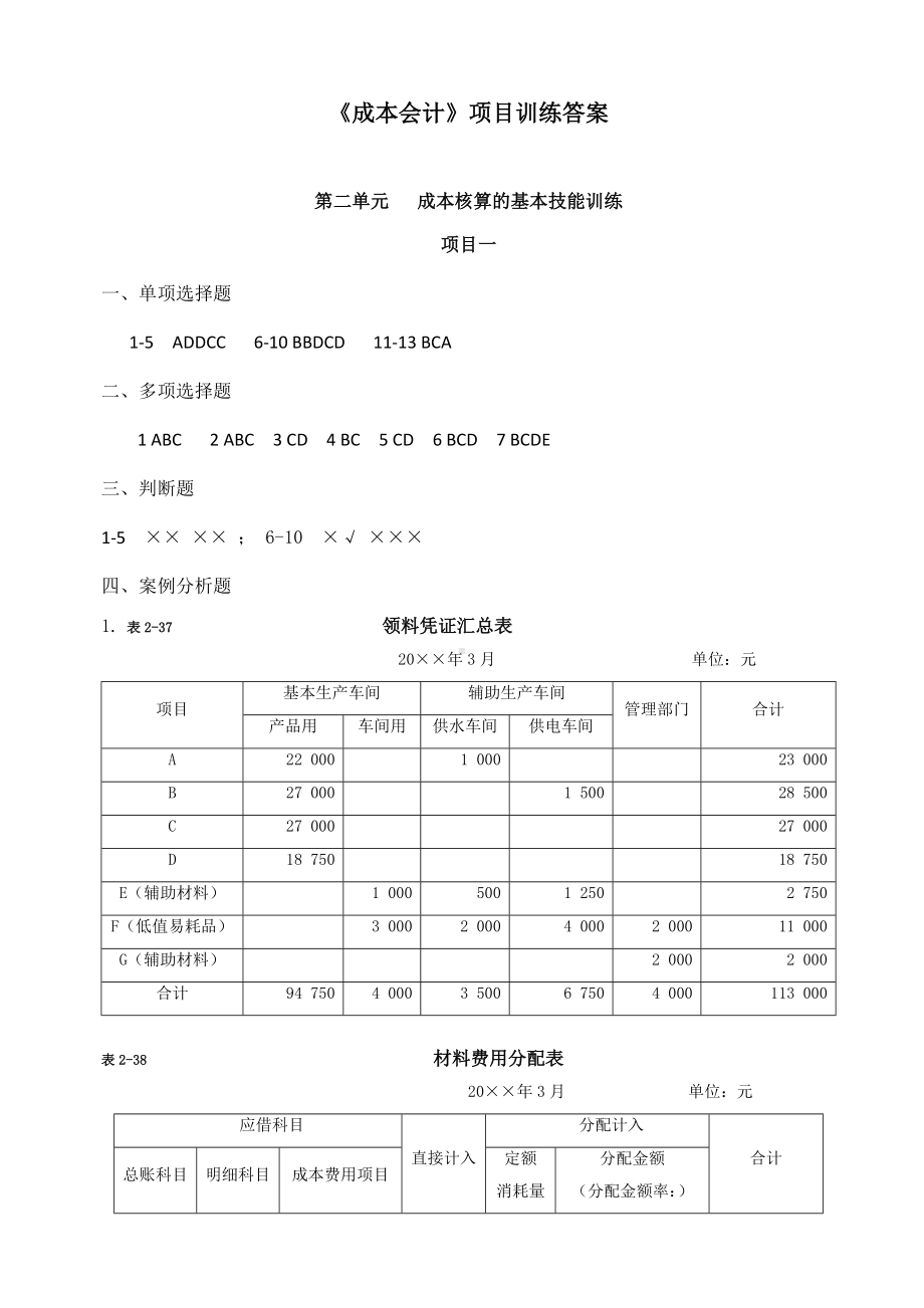 2-《成本会计》项目训练答案-第二单元.docx_第1页