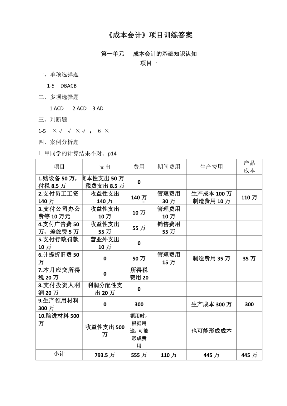 1-《成本会计》项目训练答案-第一单元.docx_第1页