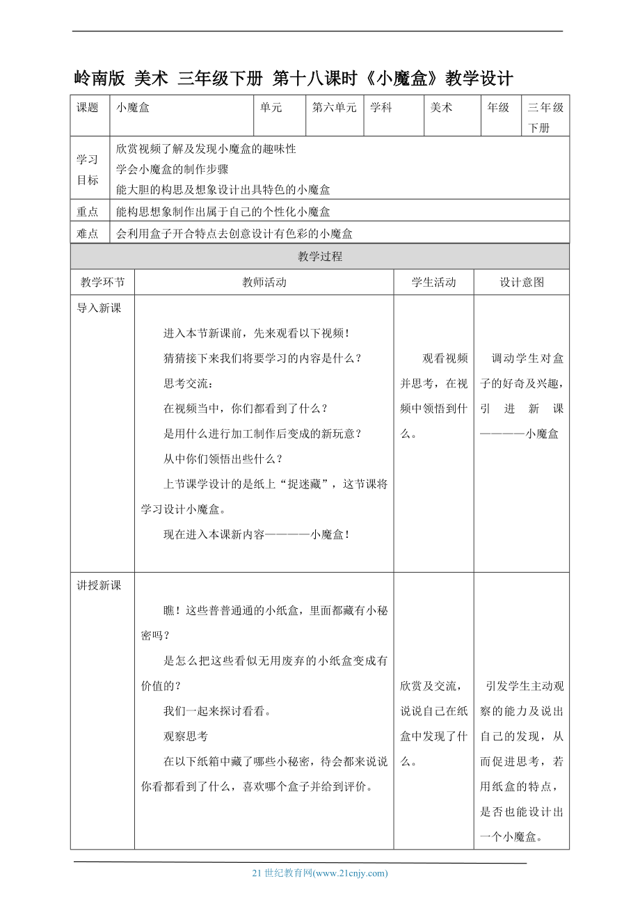 第十八课：小魔盒ppt课件+教案-新岭南版三年级下册《美术》.rar