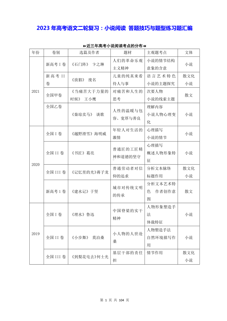 2023年高考语文二轮复习：小说阅读 答题技巧与题型练习题汇编（Word版含答案）.docx_第1页