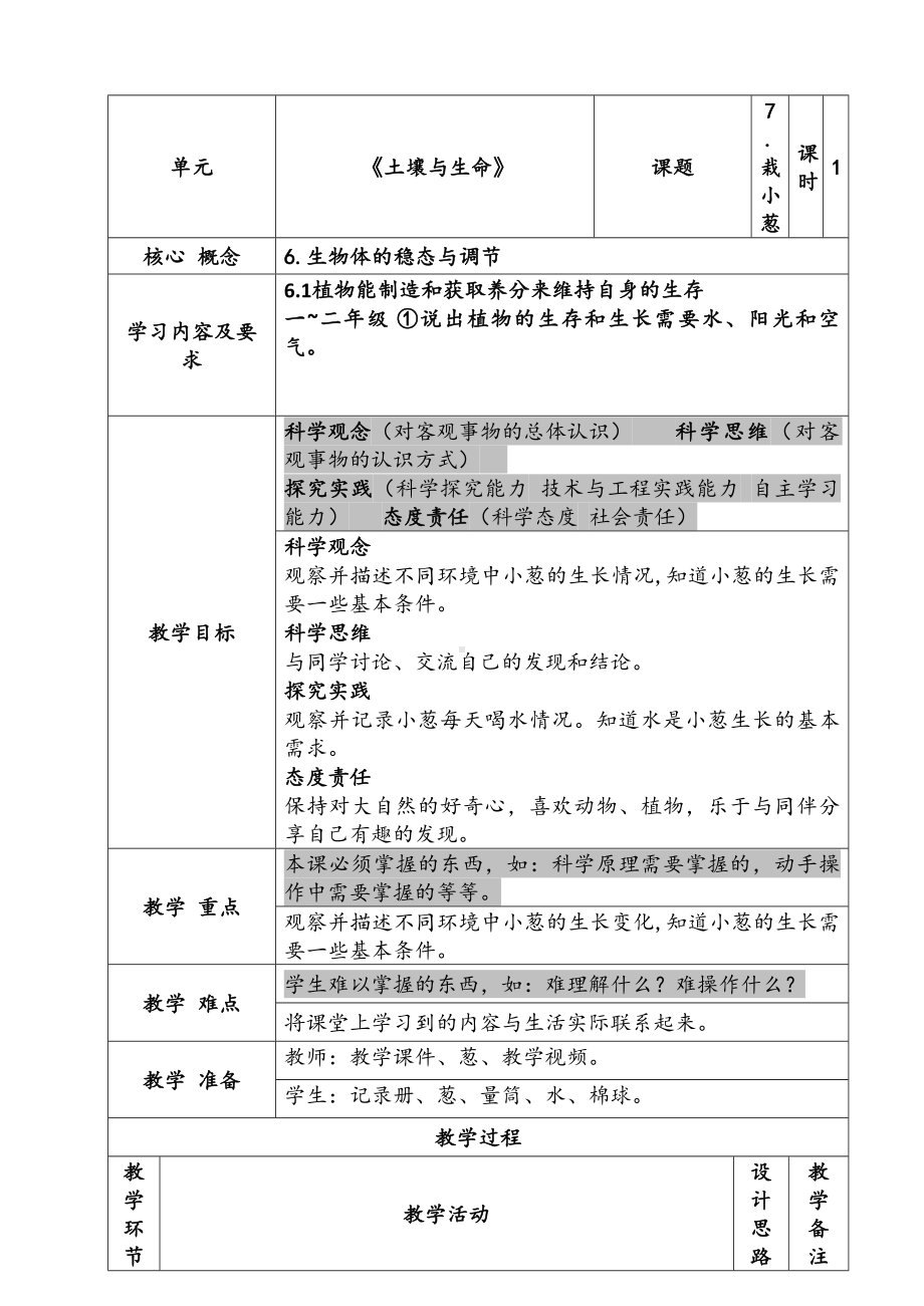 新苏教版二年级科学下册第3单元《栽小葱》教案.docx_第1页